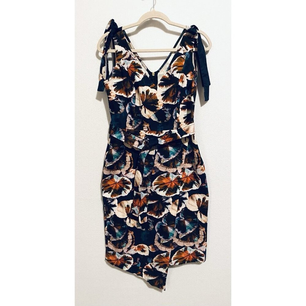 Beatriz Camacho Dress Womens 8 Navy Blue Floral Tie Shoulder Faux Wrap Skirt
